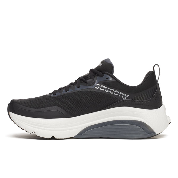 Black running shoe with white sole on a white background that ha a grey callout color to show the stability posting of the shoe