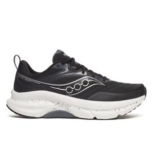 Black running shoe with white sole on a white background
