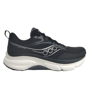 Black running shoe with white sole on a white background