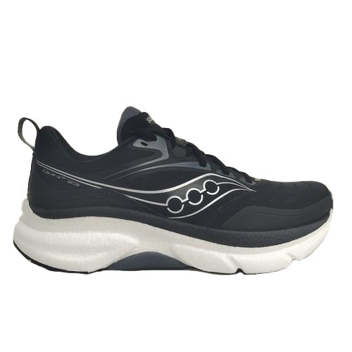 Black running shoe with white sole on a white background