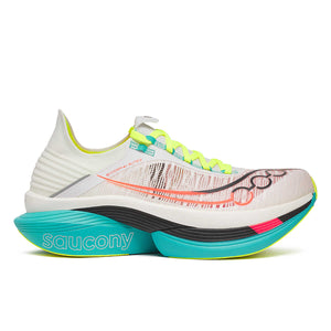 Saucony Elite carbon plated running shoes with colorful design on a white background.
