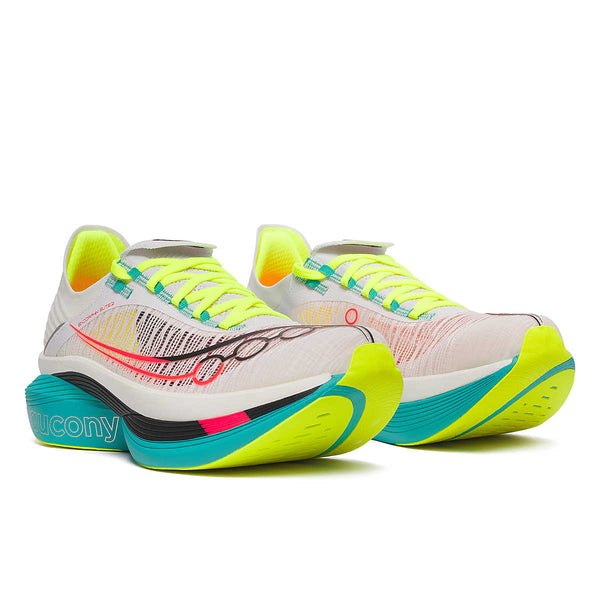 Pair of Saucony elite Carbon plated colorful running shoes with a white background.