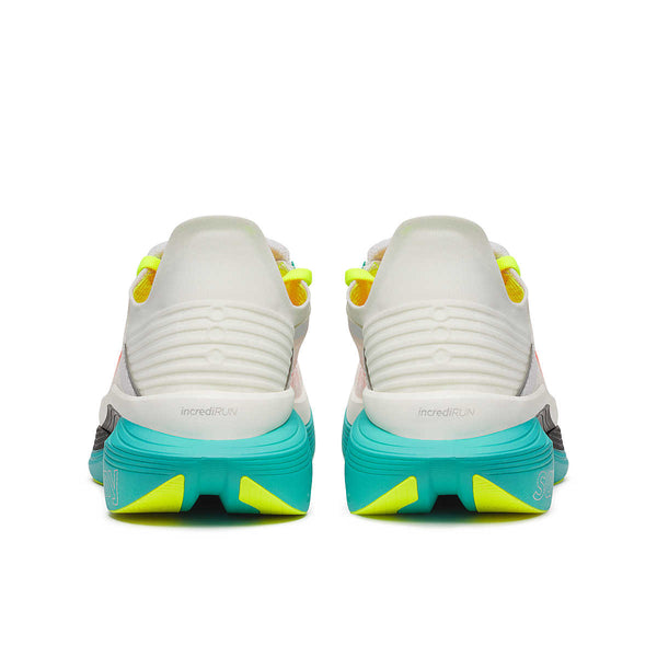 White carbon plated running shoes with green and yellow accents on a white background.