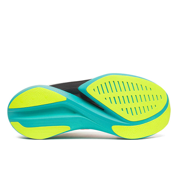 Close-up of a Saucony running shoe's sole with green and blue design on a white background.
