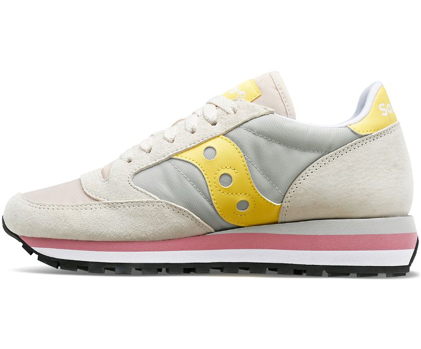 Medial view of the Women's Jazz Triple by Saucony in the color Gray/Yellow