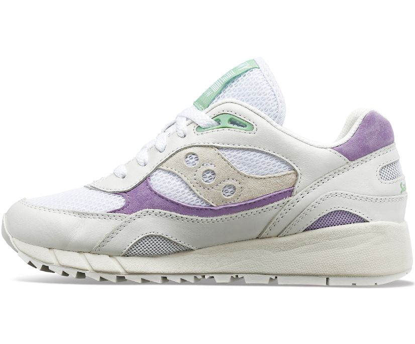 Medial view of the Women's Shadow 6000 by Saucony in the color White/Purple