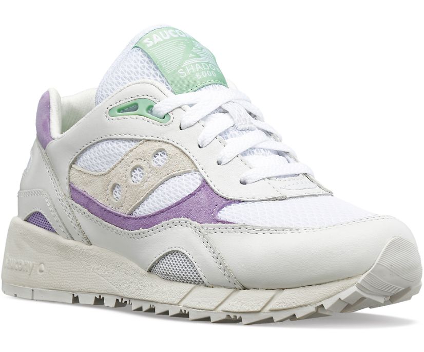 Front angle view of the Women's Shadow 6000 by Saucony in the color White/Purple