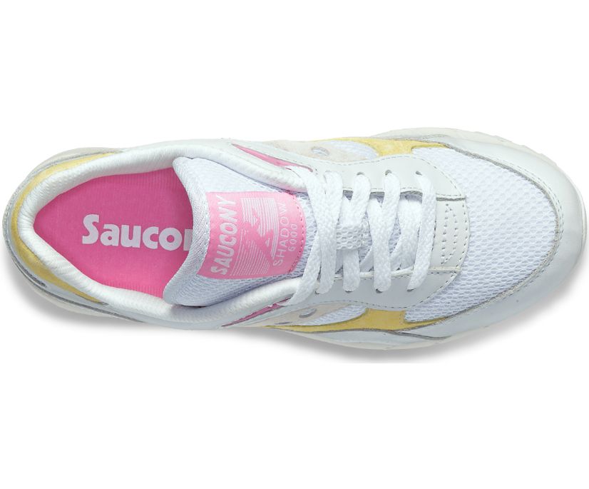 Top view of the Women's Shadow 6000 by Saucony in the color White/Yellow/Pink