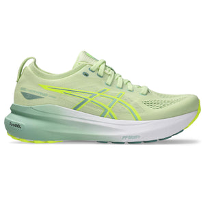 Light green Gel-Kayano 31 running shoe with white sole on a white background.