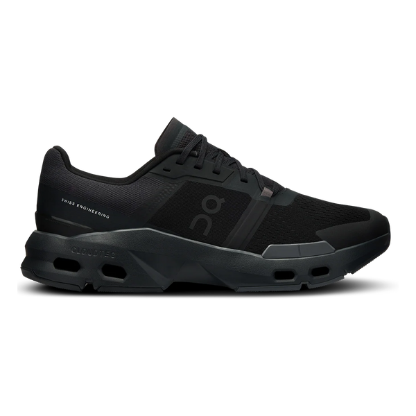 Black running shoe with 'Swiss Engineering' text on a white background.