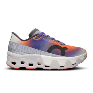Multicolored running shoe with 'On' branding on a white background.