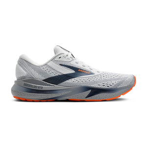 White Brooks Adrenaline 24 running shoe with blue and orange accents on a white background.