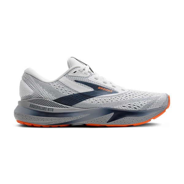 White Brooks Adrenaline 24 running shoe with blue and orange accents on a white background.