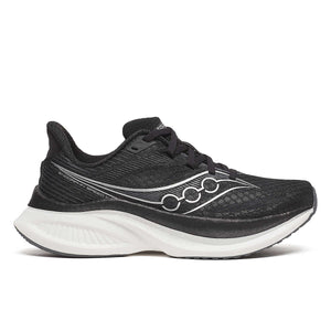 Black Saucony fast running shoe with white sole on a white background.