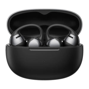 Black wireless earbuds in an open charging case on a white background