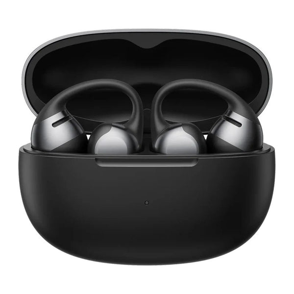Black wireless earbuds in an open charging case on a white background