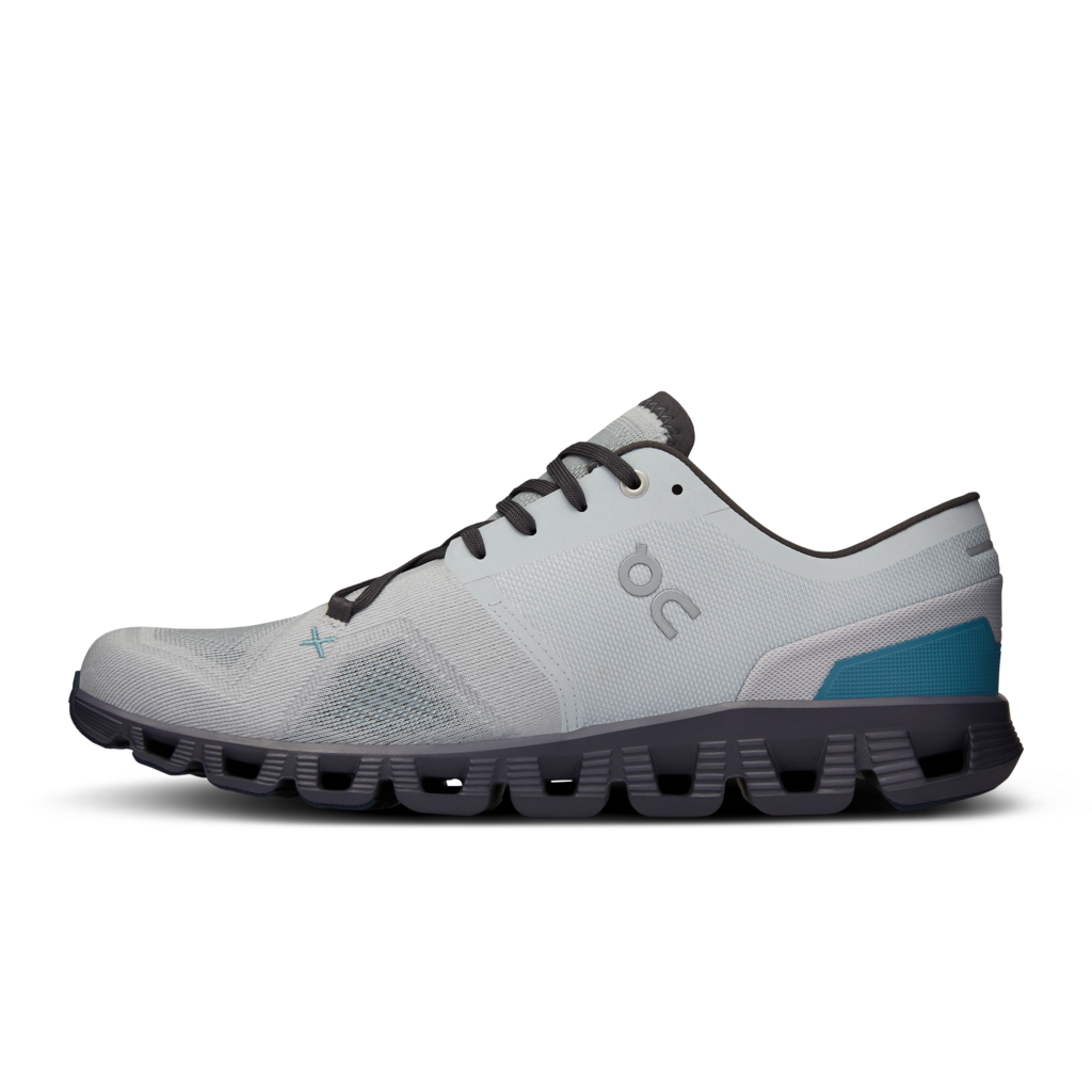 Medial view of the Men's ON Cloud X 3 in the color Glacier/Iron