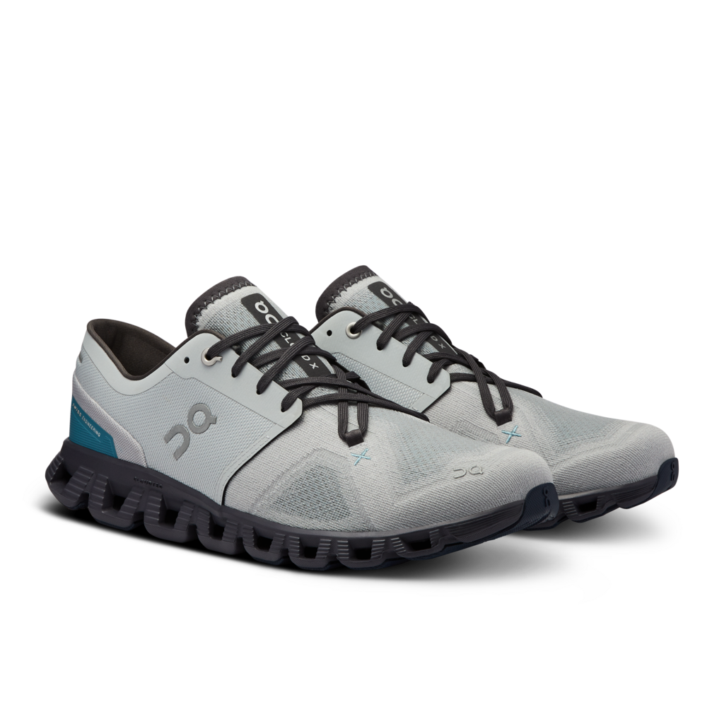 Front angle view of the Men's ON Cloud X 3 in the color Glacier/Iron