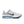 White and blue running shoe with blue sole on a white background.