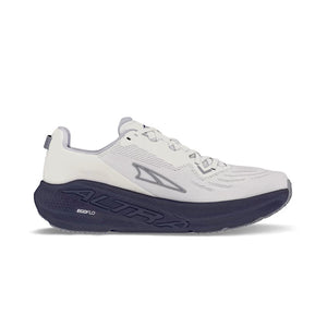 White running shoe with navy sole on a white background