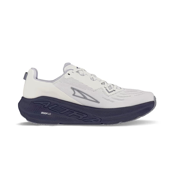 White running shoe with navy sole on a white background