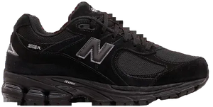 Black running shoe with New Balance logo on a white background