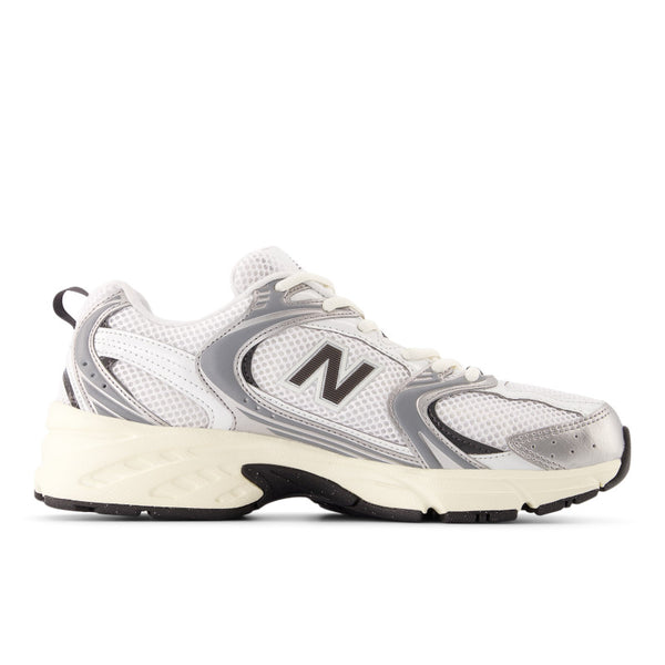 White and gray sneaker with New Balance logo on a white background