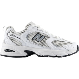 White athletic shoe with gray accents on a white background