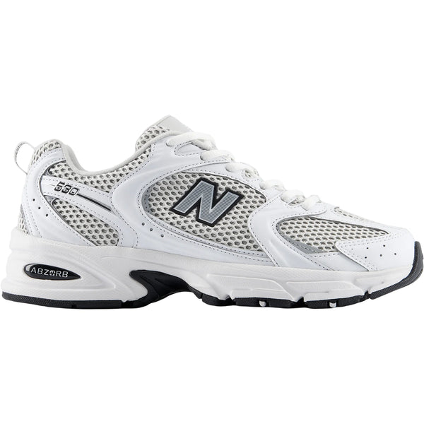 White athletic shoe with gray accents on a white background