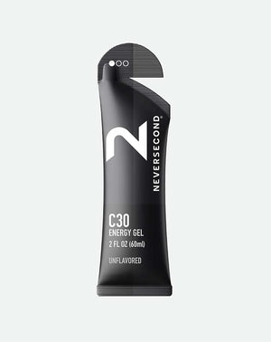 A single black Neversecond C30 Energy Gel packet on a light gray background.