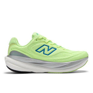Neon green running shoe with New Balance logo on a white background.