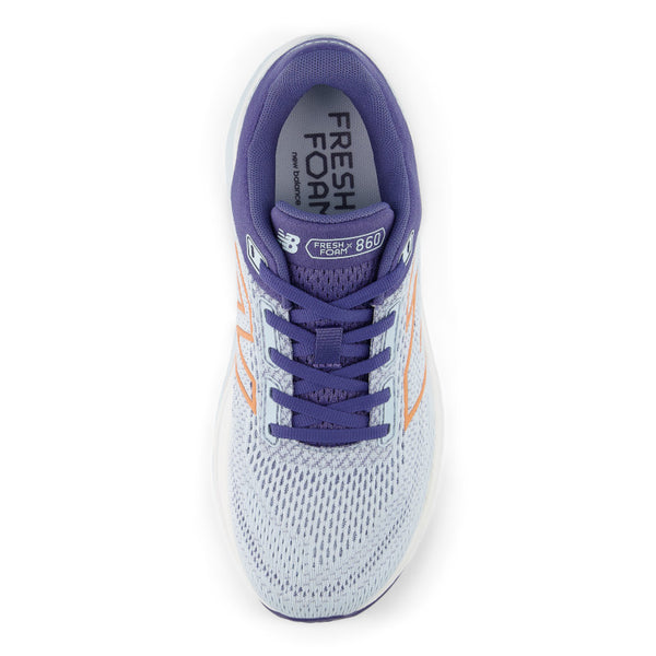 Light blue running shoe with purple laces on a white background
