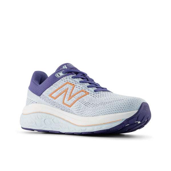 Light blue running shoe with purple accents and orange New Balance logo on a white background