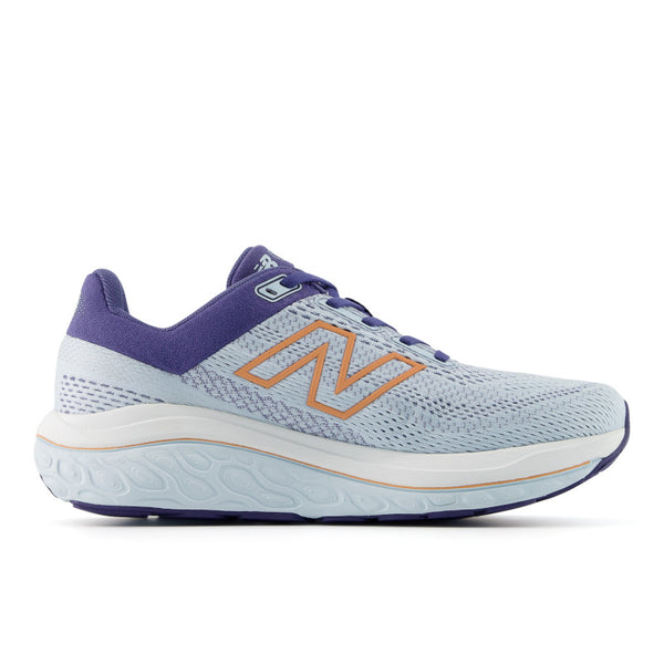 Light blue running shoe with purple accents on a white background