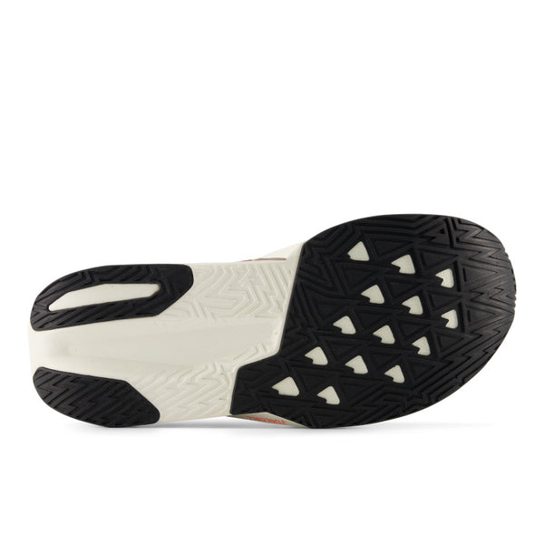 Close-up of a black and white shoe sole on a white background.