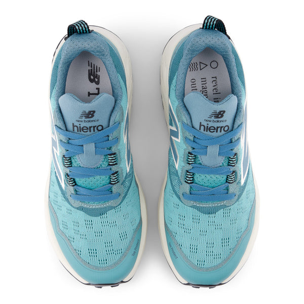Pair of light blue running shoes with New Balance branding on a white background
