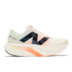 White running shoe with black and orange accents on a white background