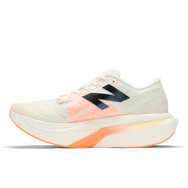 White New Balance running shoe with orange accents and a black N logo.