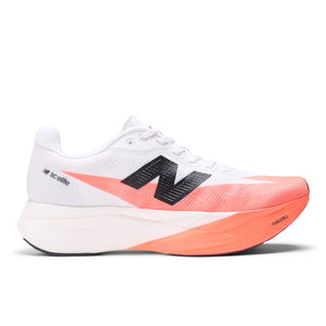 White and orange running shoe with black logo on a white background.