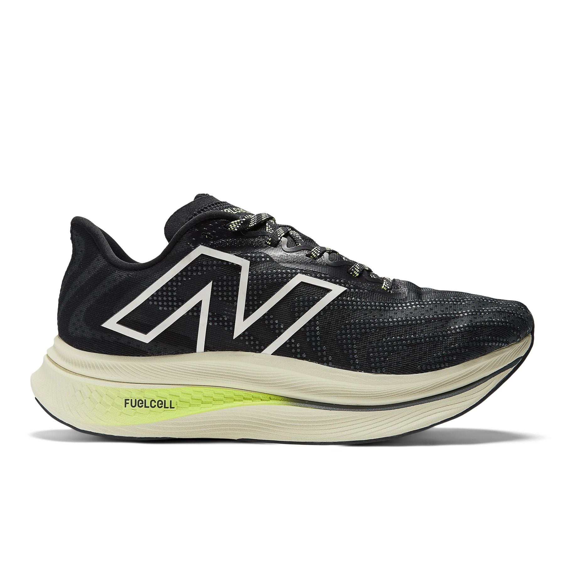 Lateral view of the Women's Fuel Cell SuperComp trainer V2 by New Balance in the color Black/Thirty Watt