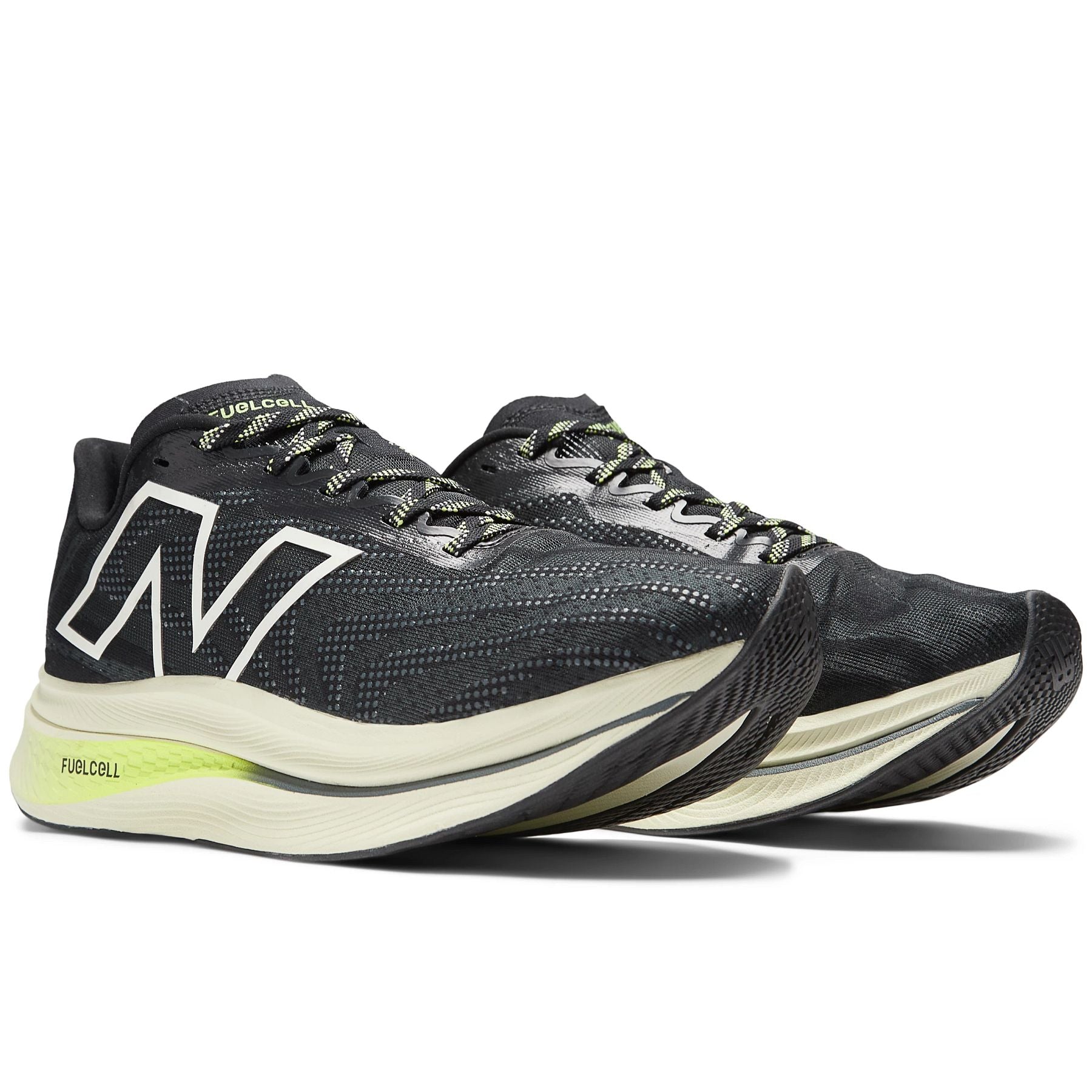 Front angle view of the Women's Fuel Cell SuperComp trainer V2 by New Balance in the color Black/Thirty Watt