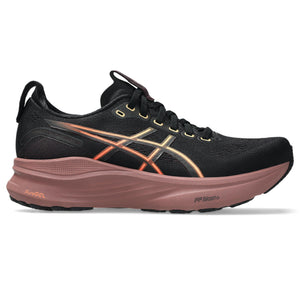Black and brown running shoe with a visible ASICS brnd logo.