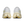 A pair of white and light beige running shoes shown from the back, featuring yellow 'RUNNING' text and the On logo, on a solid white background.