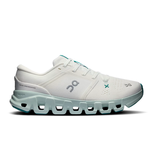 A white On Cloudrunning shoe with mint green accents and a chunky, sculpted sole, shown from a three-quarters angle on a white background.