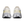 Rear view of a pair of On running shoes in off-white and light gray, featuring yellow 'ON' branding and a black logo on the heel counter, set against a plain white background.