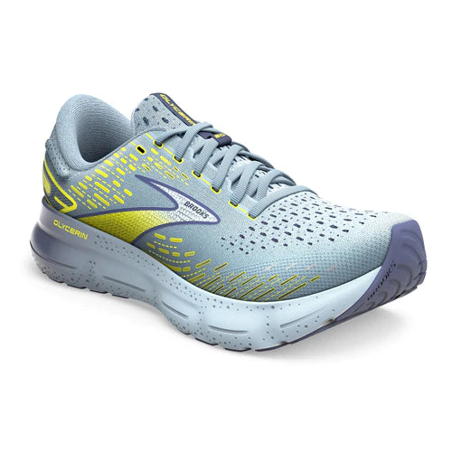 Front angle view of the Men's Glycerin 20 by Brook's in the color Blue/Crown Blue/Sulphur