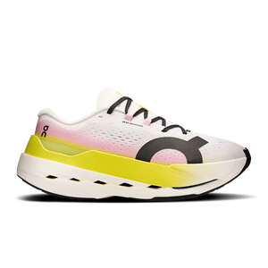White running shoe with pink and yellow accents on a white background