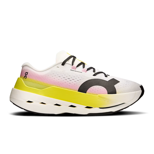 White running shoe with pink and yellow accents on a white background