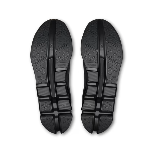 Black athletic shoe sole with tread pattern on a white background