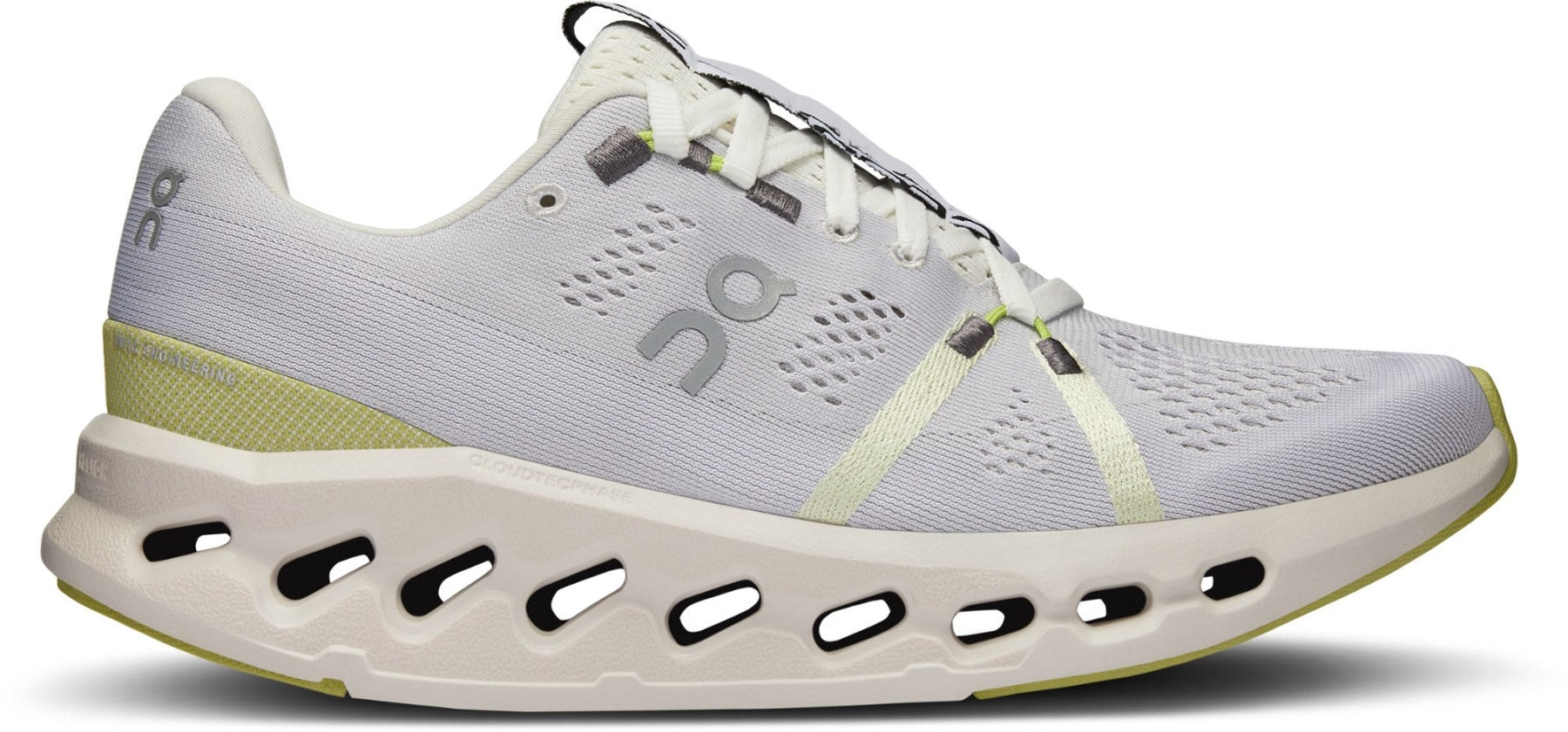 Lateral view of the Women's Cloudsurfer by ON in the color White/Sand